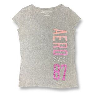 Y2k Vintage Grey & Pink Glitter Aeropostale V Neck Tee Shirt